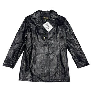 Vintage Retro GENUINE LEATHER Luxury Designer Cross Stitch Jacket Coat Womens L